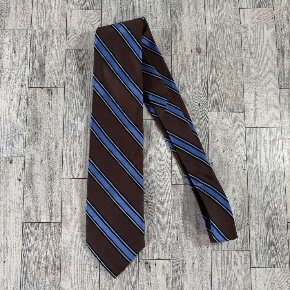IZOD Men's Necktie Brown Blue Striped 100% Silk Classic Business Tie 61x3.25 Y2K